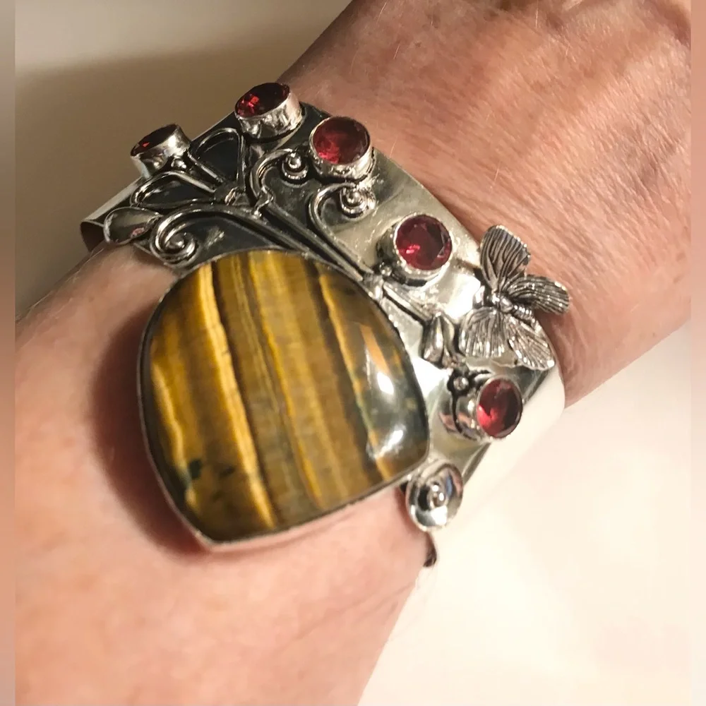 Tiger Eye Garnet Stamped Solid 925 Sterling Silver Cuff Bracelet
